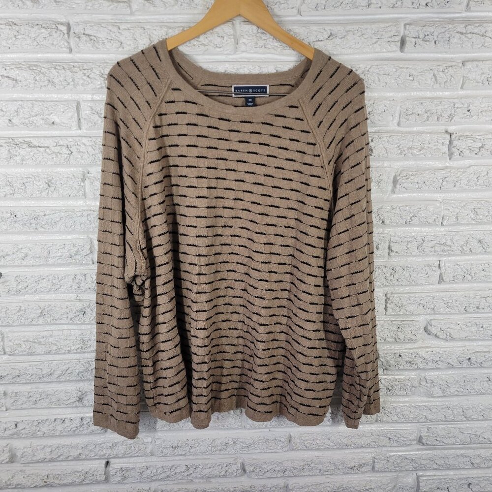 Karen Scott Women's 3X Sweater Tan Black Geometric Square 100% Cotton BRO25E